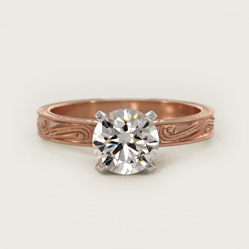 Round Engraved Solitaire Diamond Engagement Ring in white gold — handcrafted in Beirut