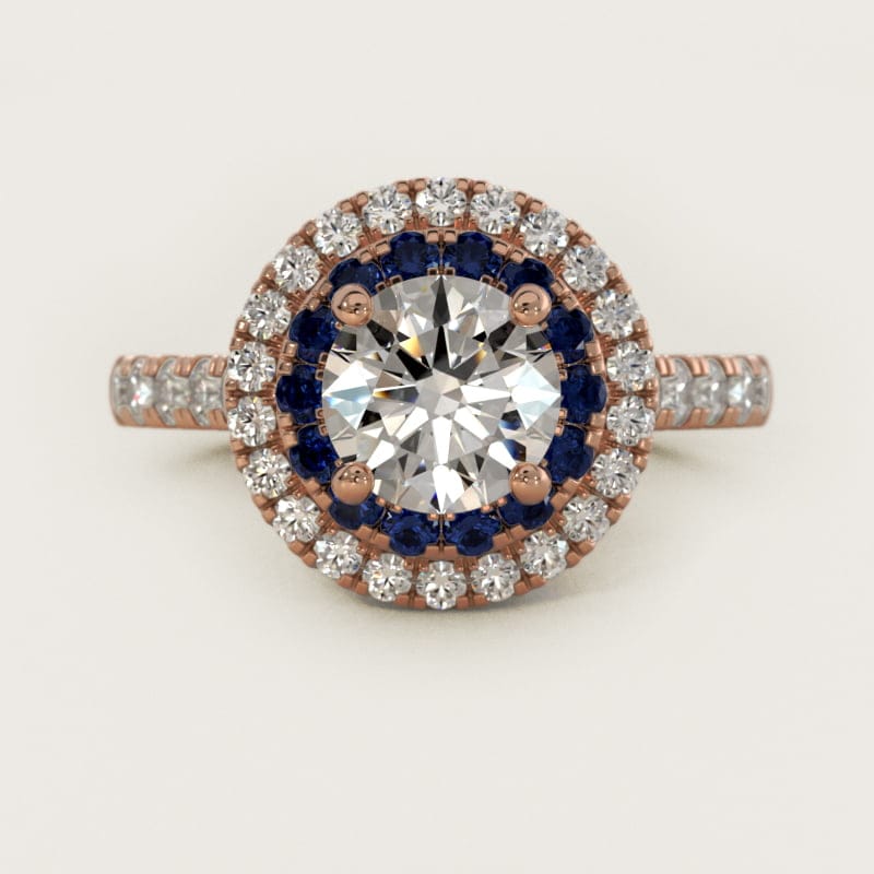 Round Sapphire and Diamond Double Halo Engagement Ring in white gold — handcrafted in Beirut