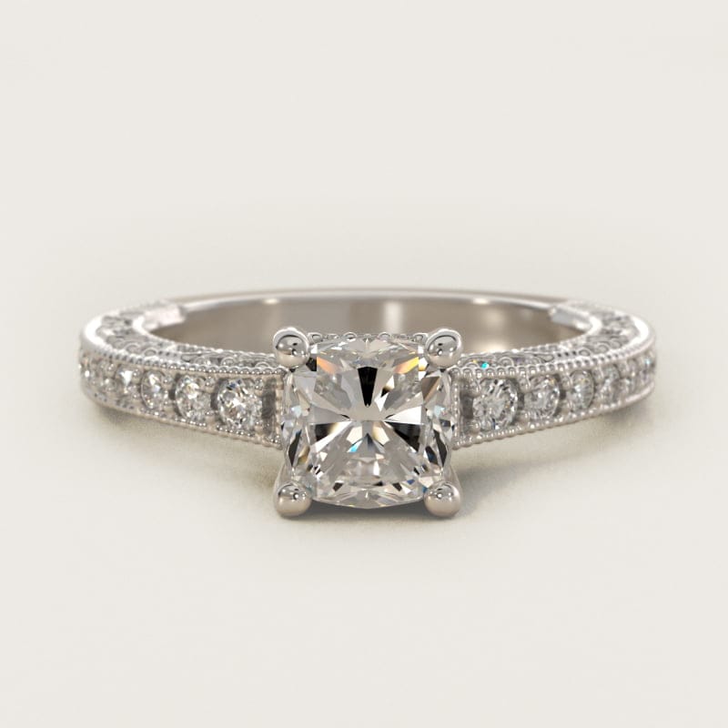 Cushion-Cut Milgrain Lace Pave Vintage Ring in white gold — handcrafted in Beirut