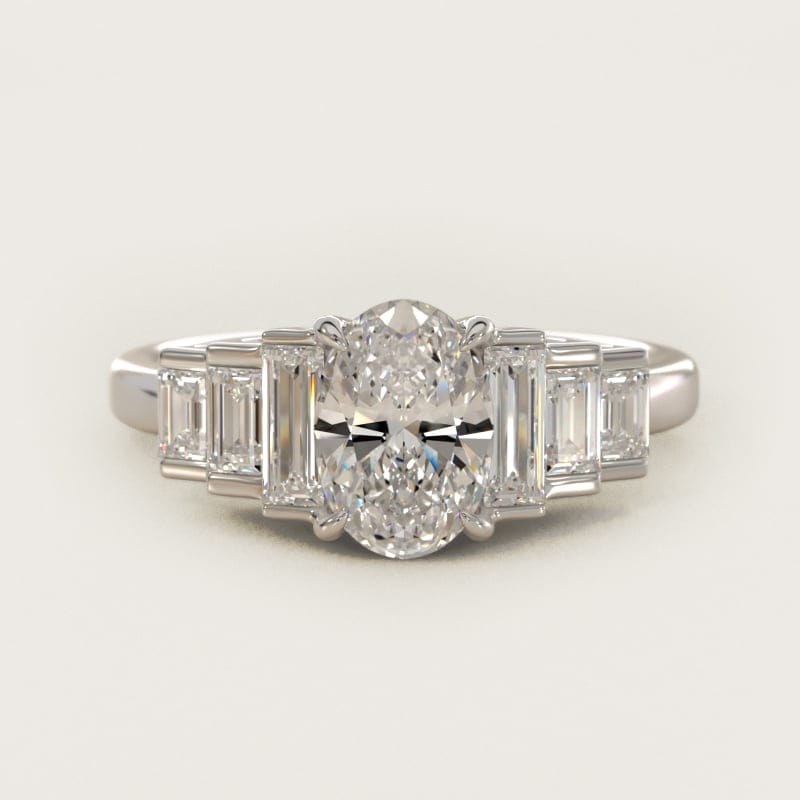 Oval Escalating Baguette Side-Stone Engagement Ring in white gold — handcrafted in Beirut