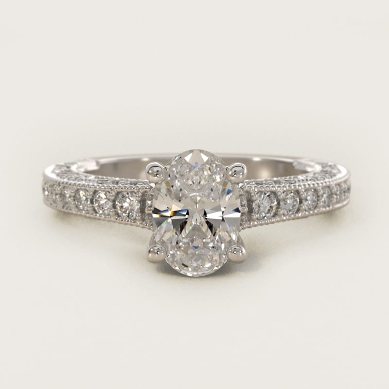 Oval Milgrain Lace Pave Vintage Engagement Ring in white gold — handcrafted in Beirut