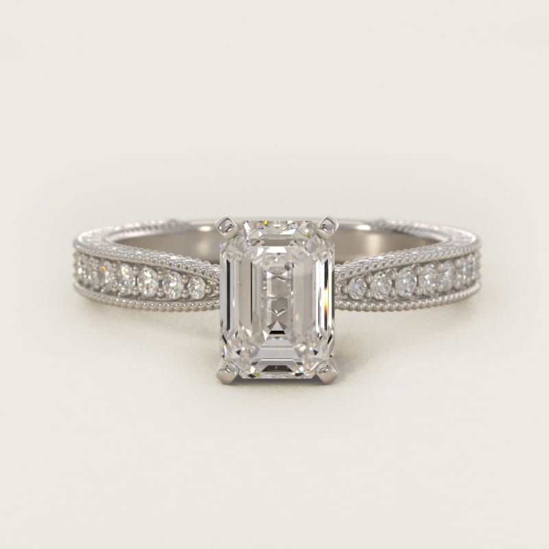 Emerald-Cut Hand-Engraved Micropave Engagement Ring in white gold — handcrafted in Beirut