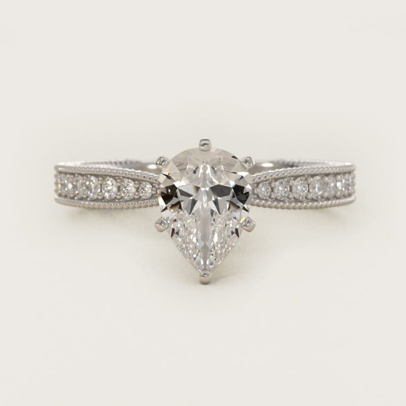 Pear-Shaped Hand-Engraved Micropavé Ring in white gold — handcrafted in Beirut