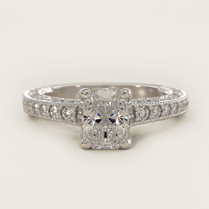Radiant-Cut Milgrain Lace Pavé Vintage Ring in white gold — handcrafted in Beirut