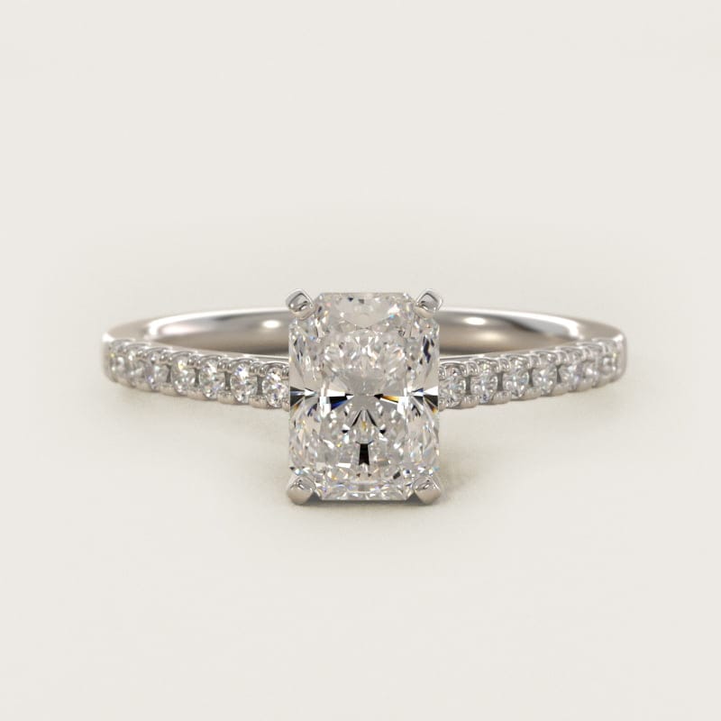 Radiant-Cut Petite Cathedral Pavé Engagement Ring in white gold — handcrafted in Beirut