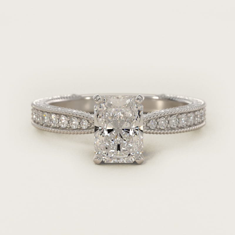 Radiant-Cut Hand-Engraved Micropavé Engagement Ring in white gold — handcrafted in Beirut