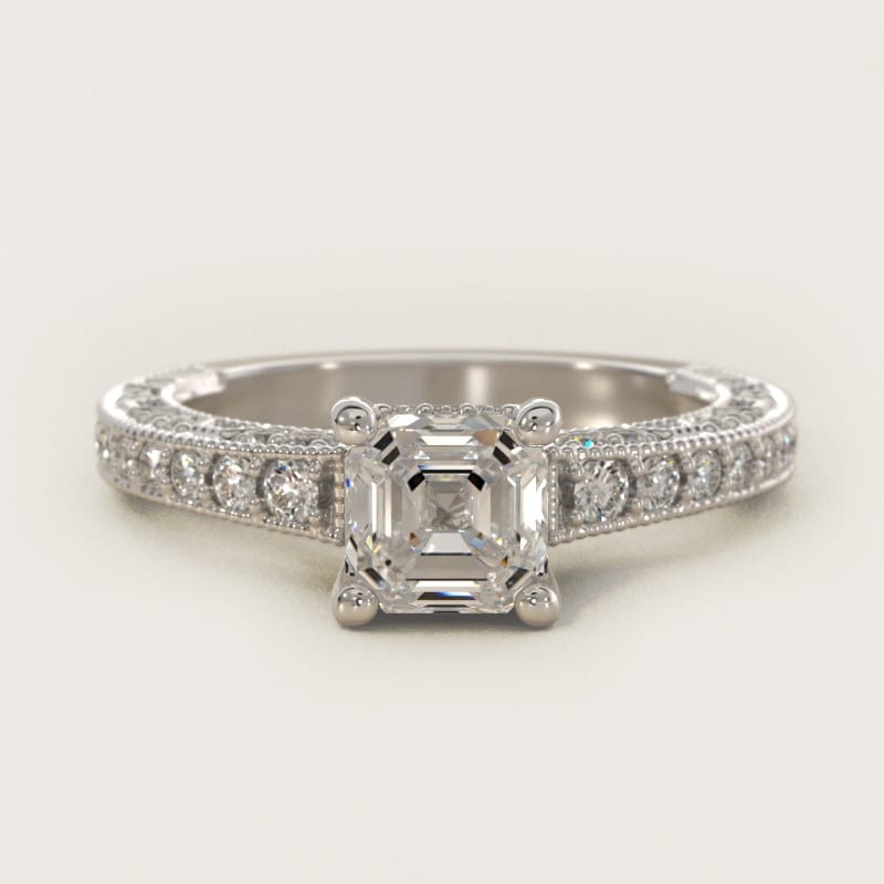 Asscher-Cut Milgrain Lace Pave Vintage Ring in white gold — handcrafted in Beirut