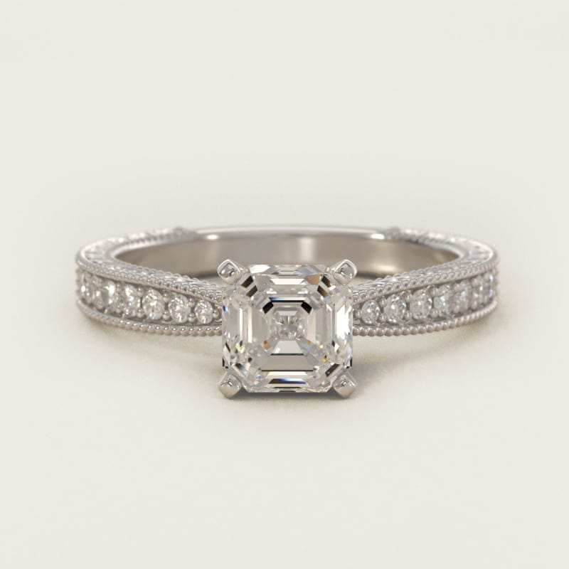 Asscher-Cut Hand-Engraved Micropave Engagement Ring in white gold — handcrafted in Beirut