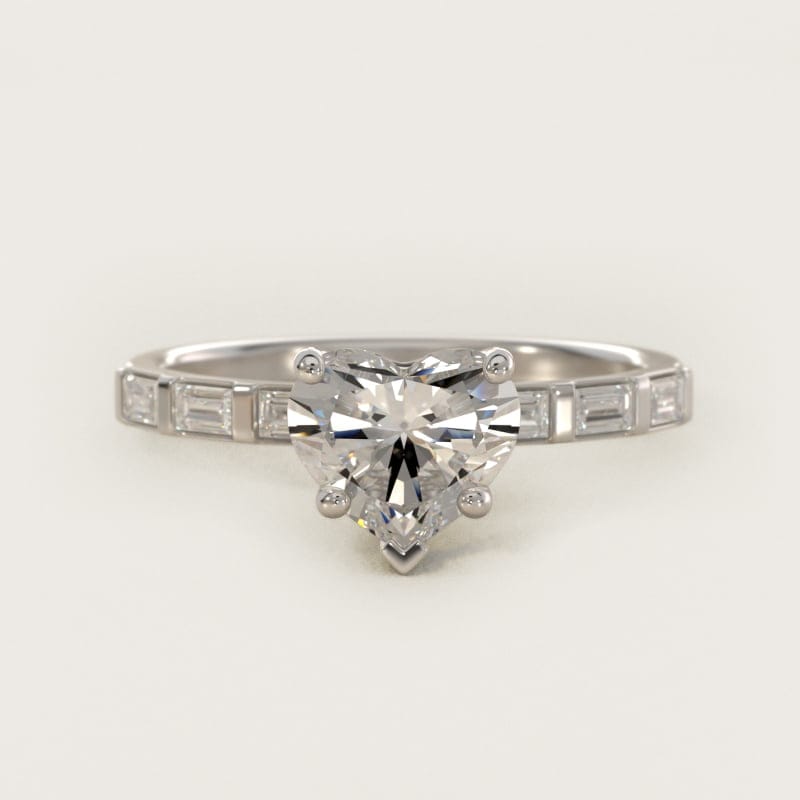 Heart-Shaped Straight Baguette Row Side-Stone Ring in white gold — handcrafted in Beirut
