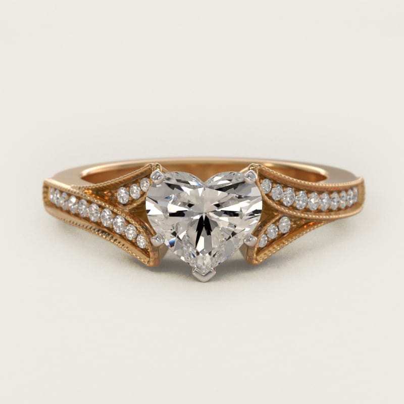 Heart-Shaped Milgrain Pavé V-Shank Engagement Ring in white gold — handcrafted in Beirut