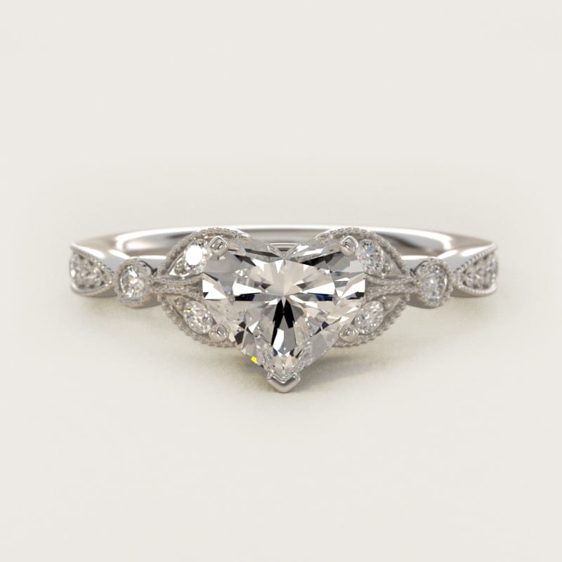 Heart-Shaped Petite Vintage Pavé Leaf Engagement Ring in white gold — handcrafted in Beirut
